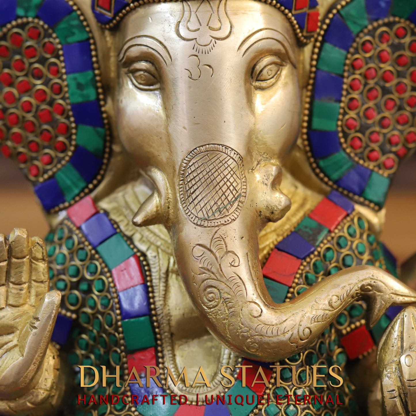 Brass Ganesh seated, Blessing Posture, Golden & Stonework, 10"