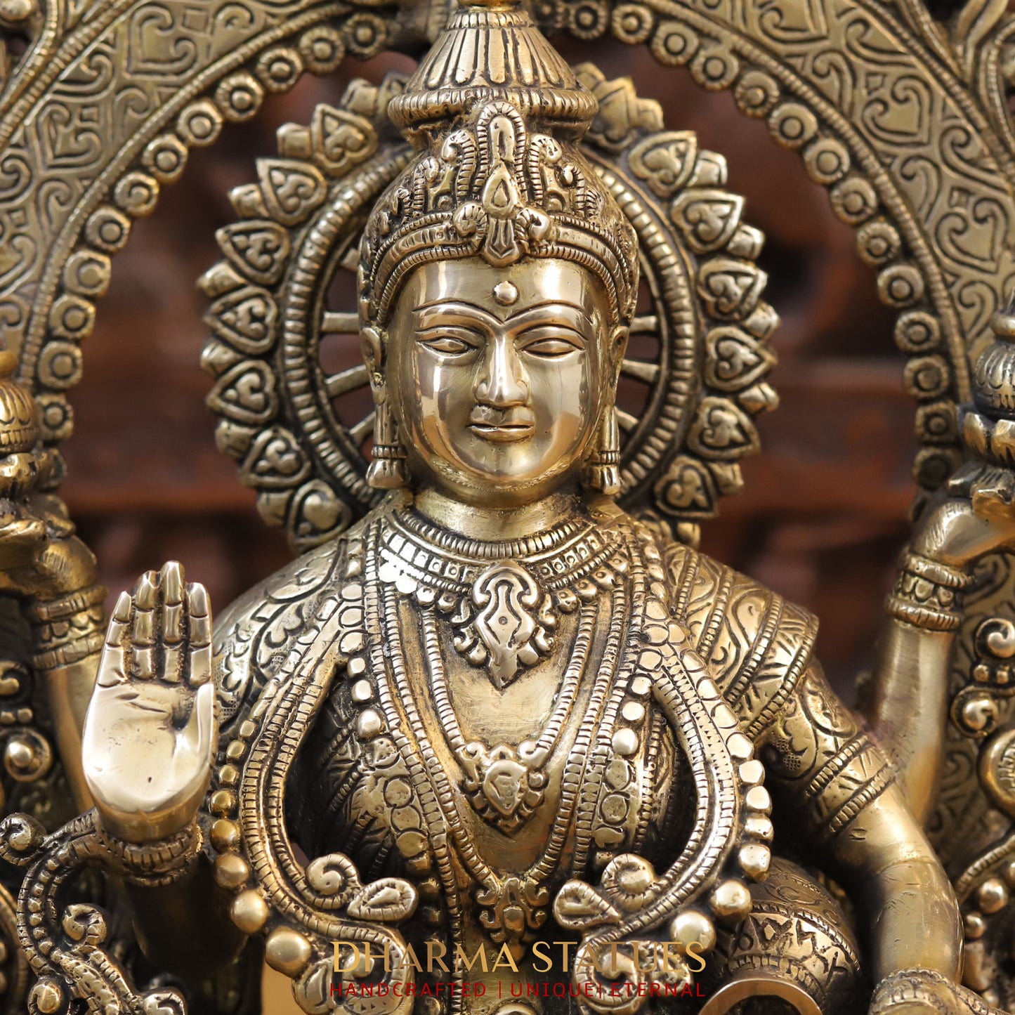 Brass Lakshmi Statue, Seated on a Lotus, Fine Golden Finish 15"