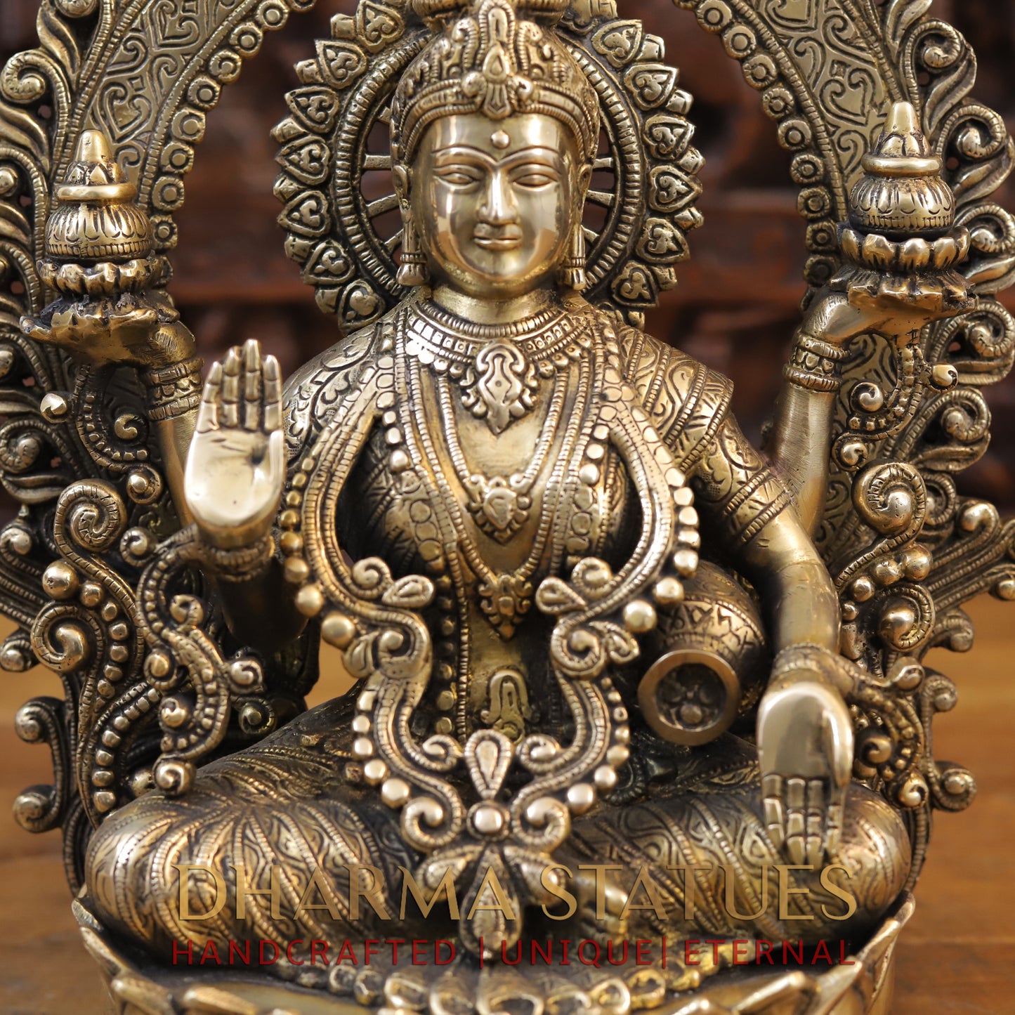Brass Lakshmi Statue, Seated on a Lotus, Fine Golden Finish 15"