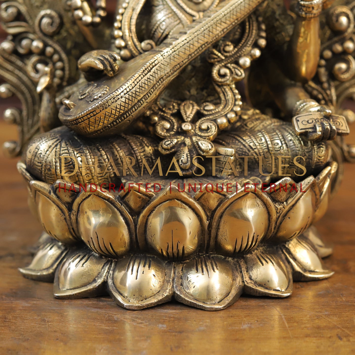 Brass Saraswati Idol, Seated on a Lotus, Playing Sitar, Fine Golden Finish 14.5"