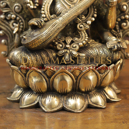 Brass Saraswati Idol, Seated on a Lotus, Playing Sitar, Fine Golden Finish 14.5"