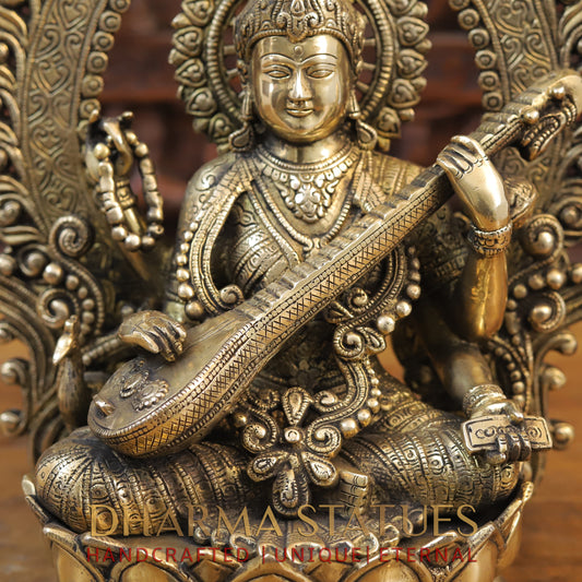 Brass Saraswati Idol, Seated on a Lotus, Playing Sitar, Fine Golden Finish 14.5"