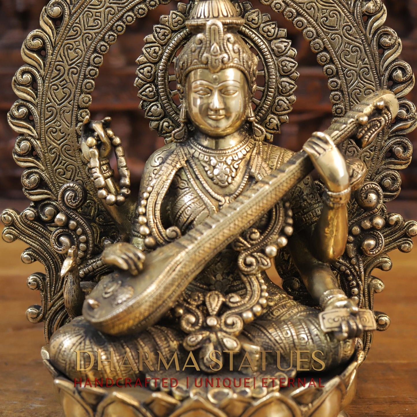Brass Saraswati Idol, Seated on a Lotus, Playing Sitar, Fine Golden Finish 14.5"