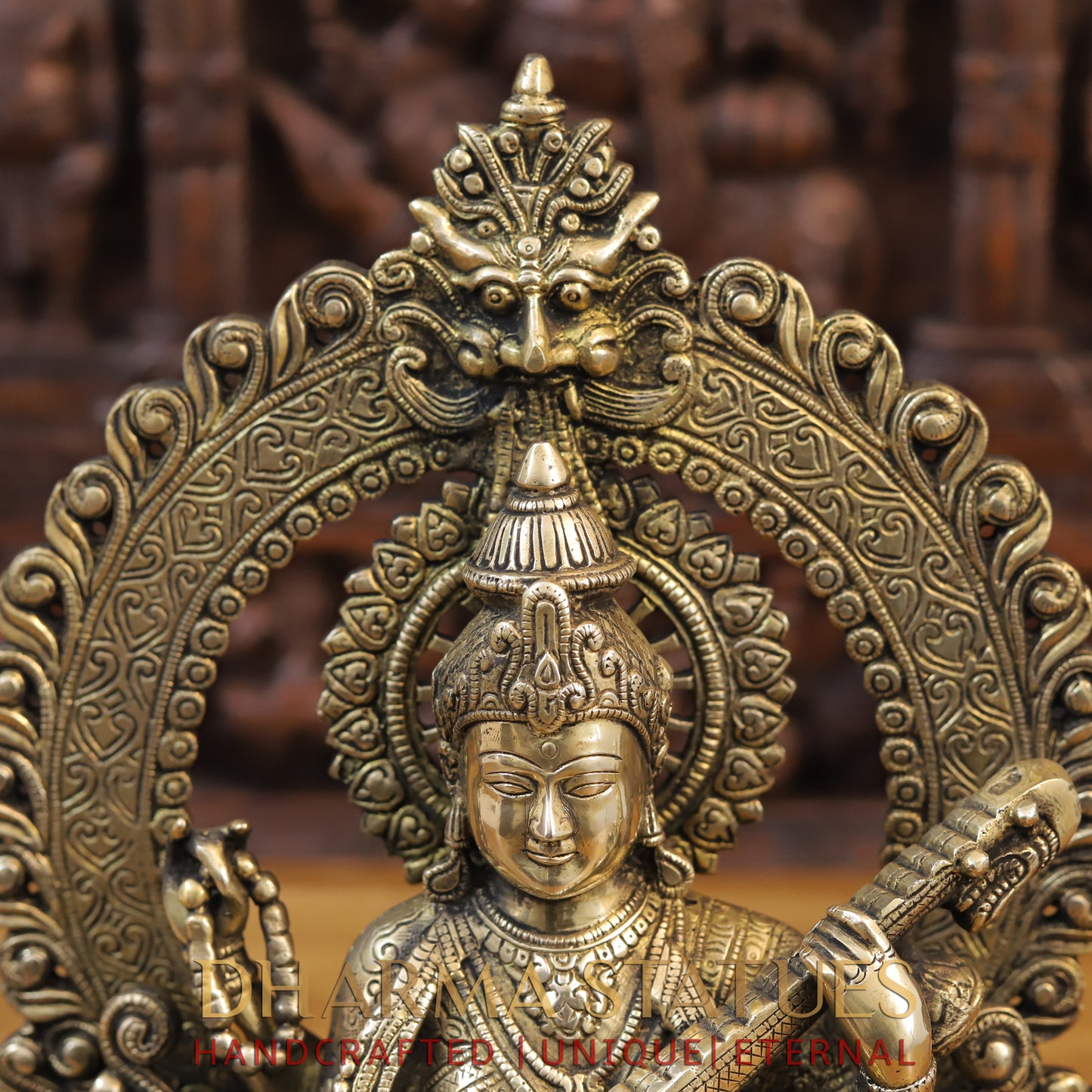 Brass Saraswati Idol, Seated on a Lotus, Playing Sitar, Fine Golden Finish 14.5"