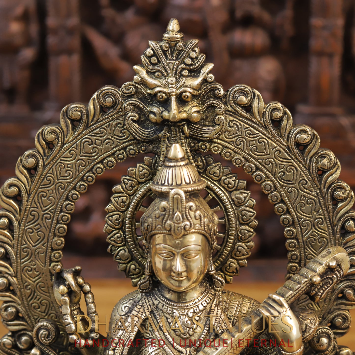 Brass Saraswati Idol, Seated on a Lotus, Playing Sitar, Fine Golden Finish 14.5"