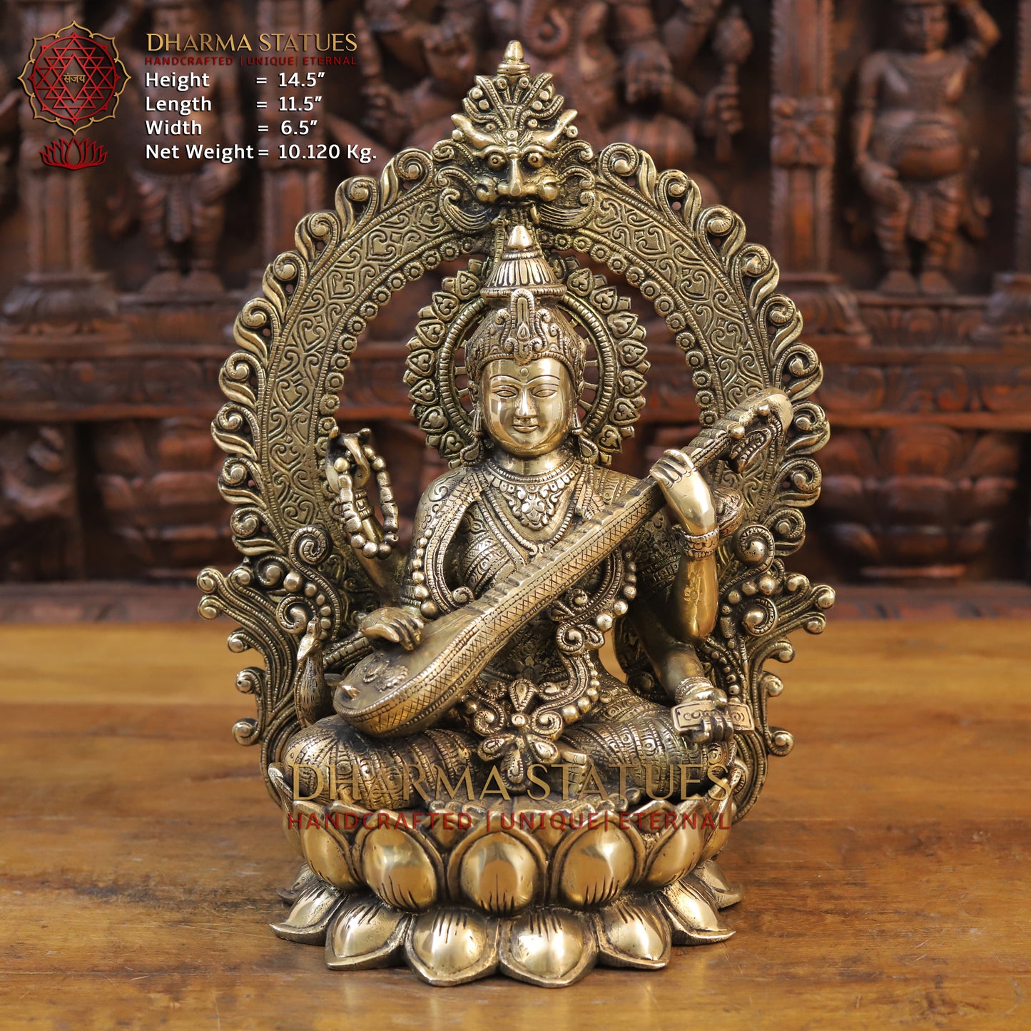 Brass Saraswati Idol, Seated on a Lotus, Playing Sitar, Fine Golden Finish 14.5"