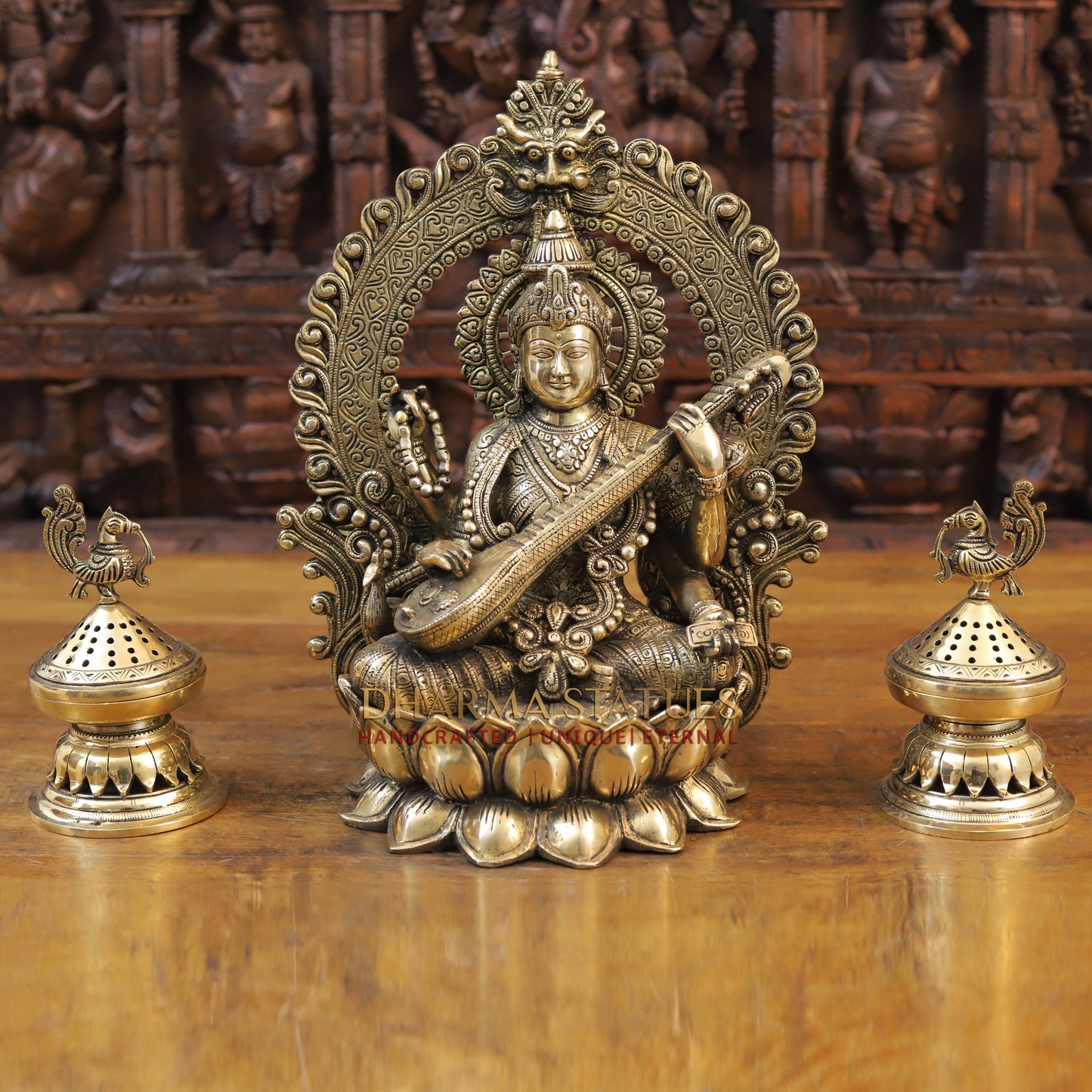 Brass Saraswati Idol, Seated on a Lotus, Playing Sitar, Fine Golden Finish 14.5"