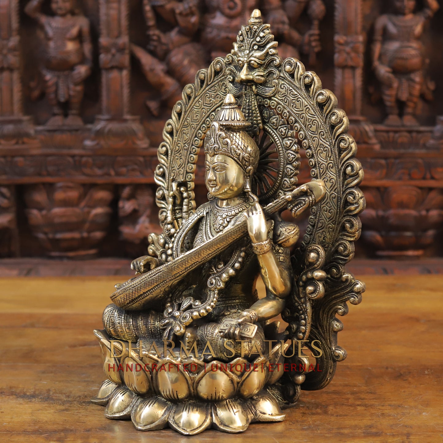 Brass Saraswati Idol, Seated on a Lotus, Playing Sitar, Fine Golden Finish 14.5"
