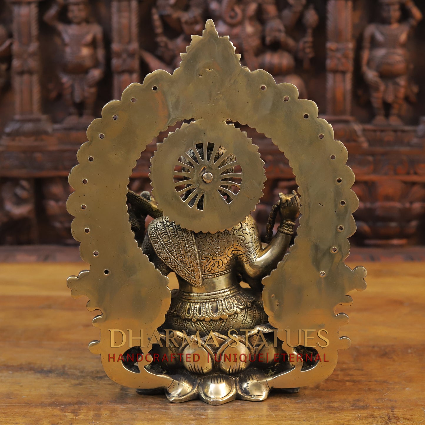 Brass Saraswati Idol, Seated on a Lotus, Playing Sitar, Fine Golden Finish 14.5"