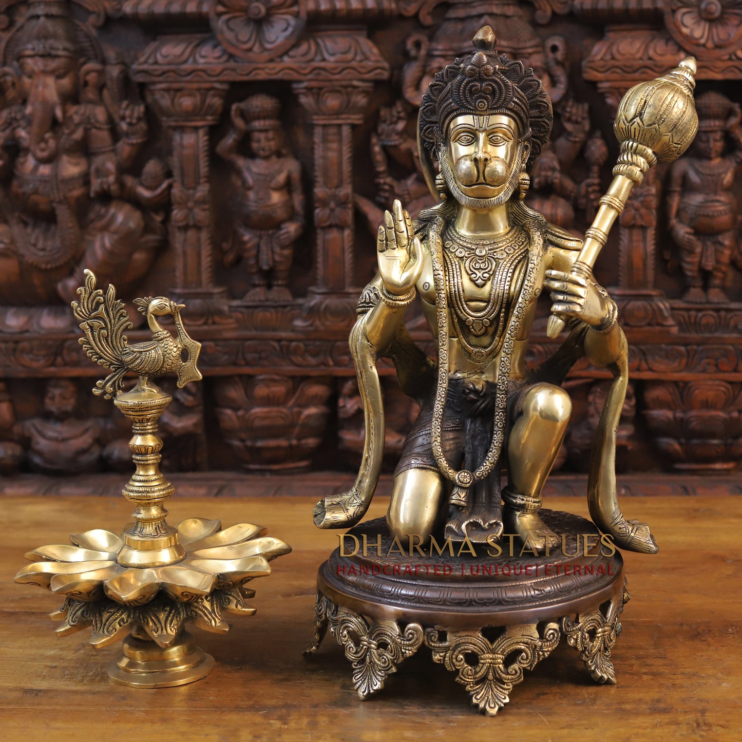 Brass Hanuman Idol, Seated on a Chowki, Fine Golden and Copper Finish 19.5"