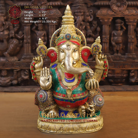 Brass Ganesh seated on Base, Blessing Position, Golden & Stonework, 20"