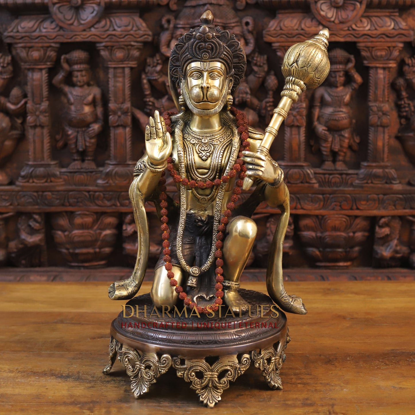 Brass Hanuman Idol, Seated on a Chowki, Fine Golden and Copper Finish 19.5"