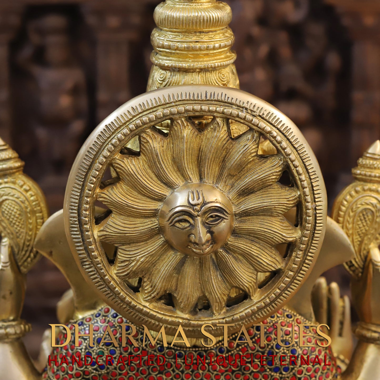 Brass Ganesh seated on Base, Blessing Position, Golden & Stonework, 20"