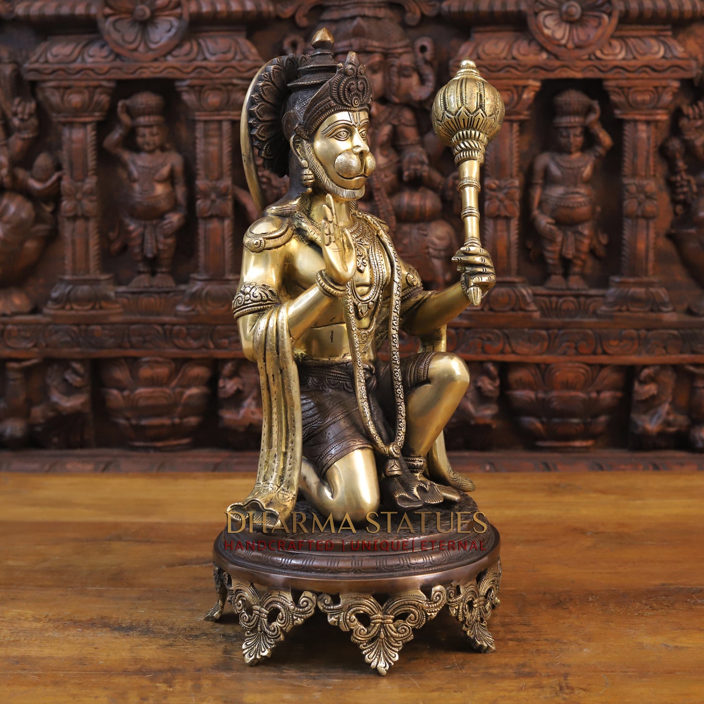 Brass Hanuman Idol, Seated on a Chowki, Fine Golden and Copper Finish 19.5"