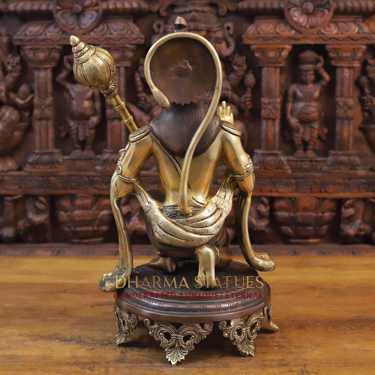 Brass Hanuman Idol, Seated on a Chowki, Fine Golden and Copper Finish 19.5"