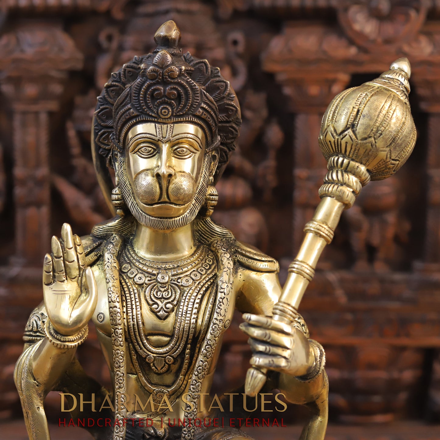 Brass Hanuman Idol, Seated on a Chowki, Fine Golden and Copper Finish 19.5"