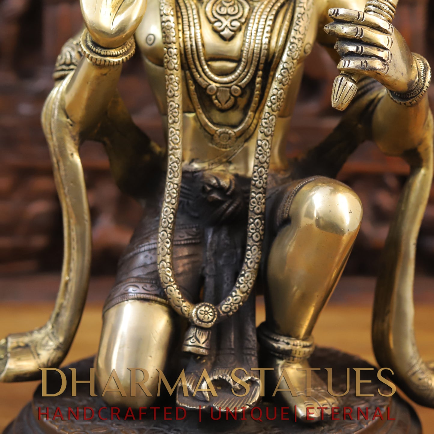 Brass Hanuman Idol, Seated on a Chowki, Fine Golden and Copper Finish 19.5"