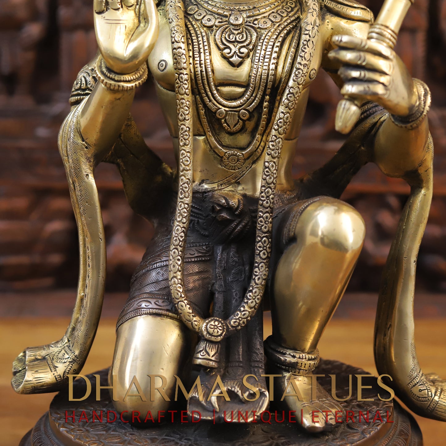 Brass Hanuman Idol, Seated on a Chowki, Fine Golden and Copper Finish 19.5"