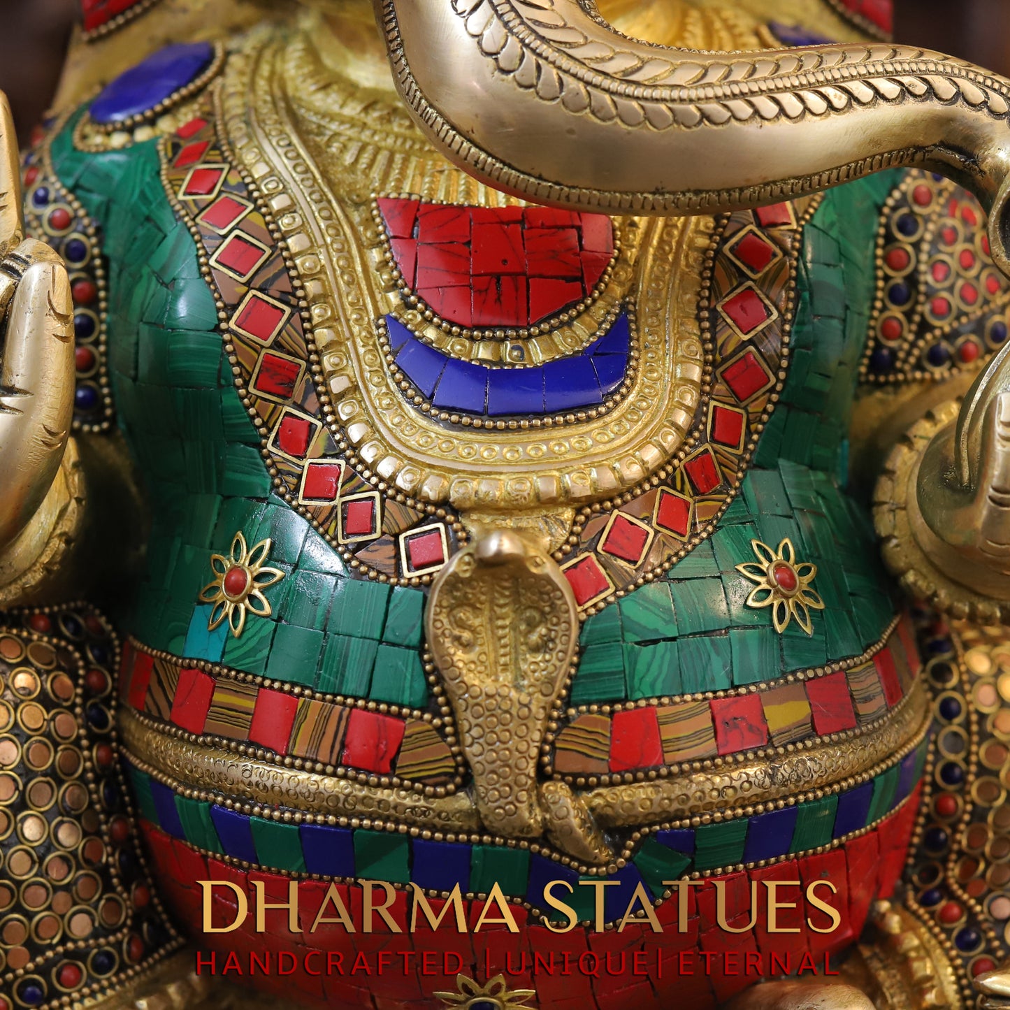 Brass Ganesh seated on Base, Blessing Position, Golden & Stonework, 20"