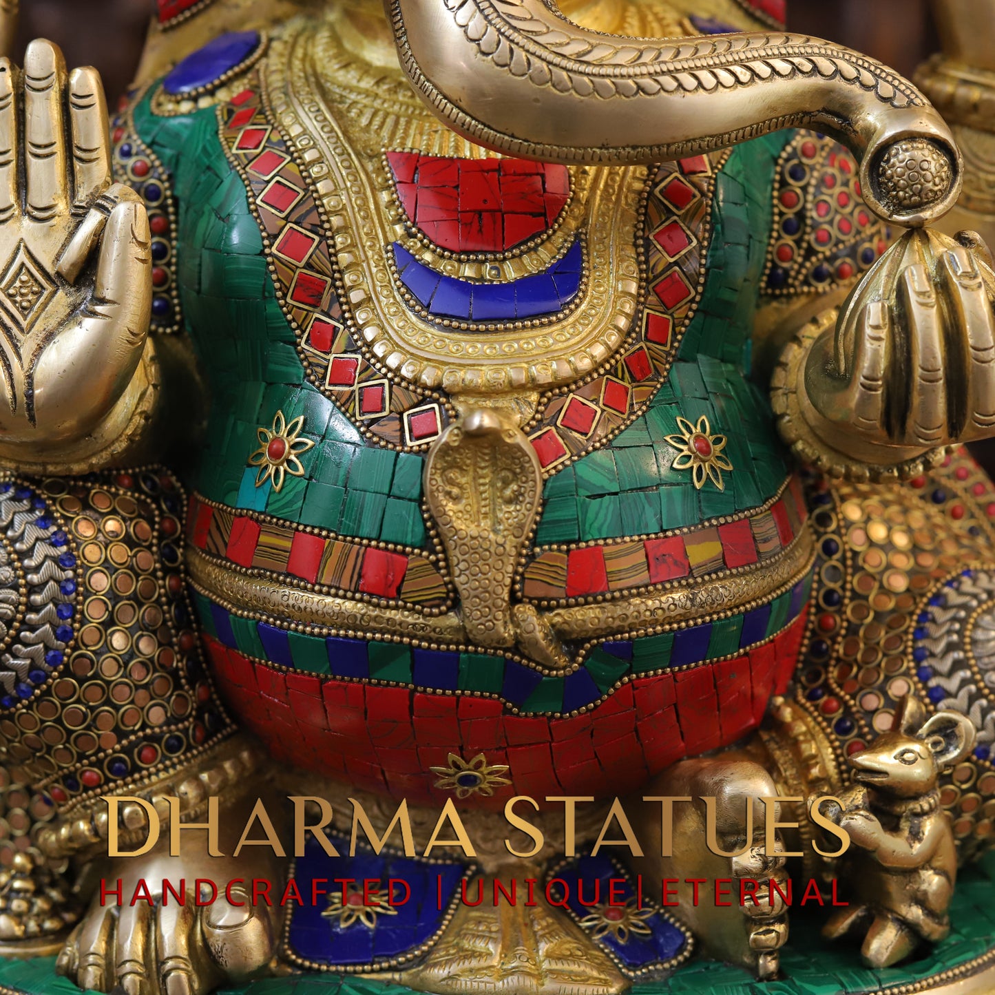 Brass Ganesh seated on Base, Blessing Position, Golden & Stonework, 20"