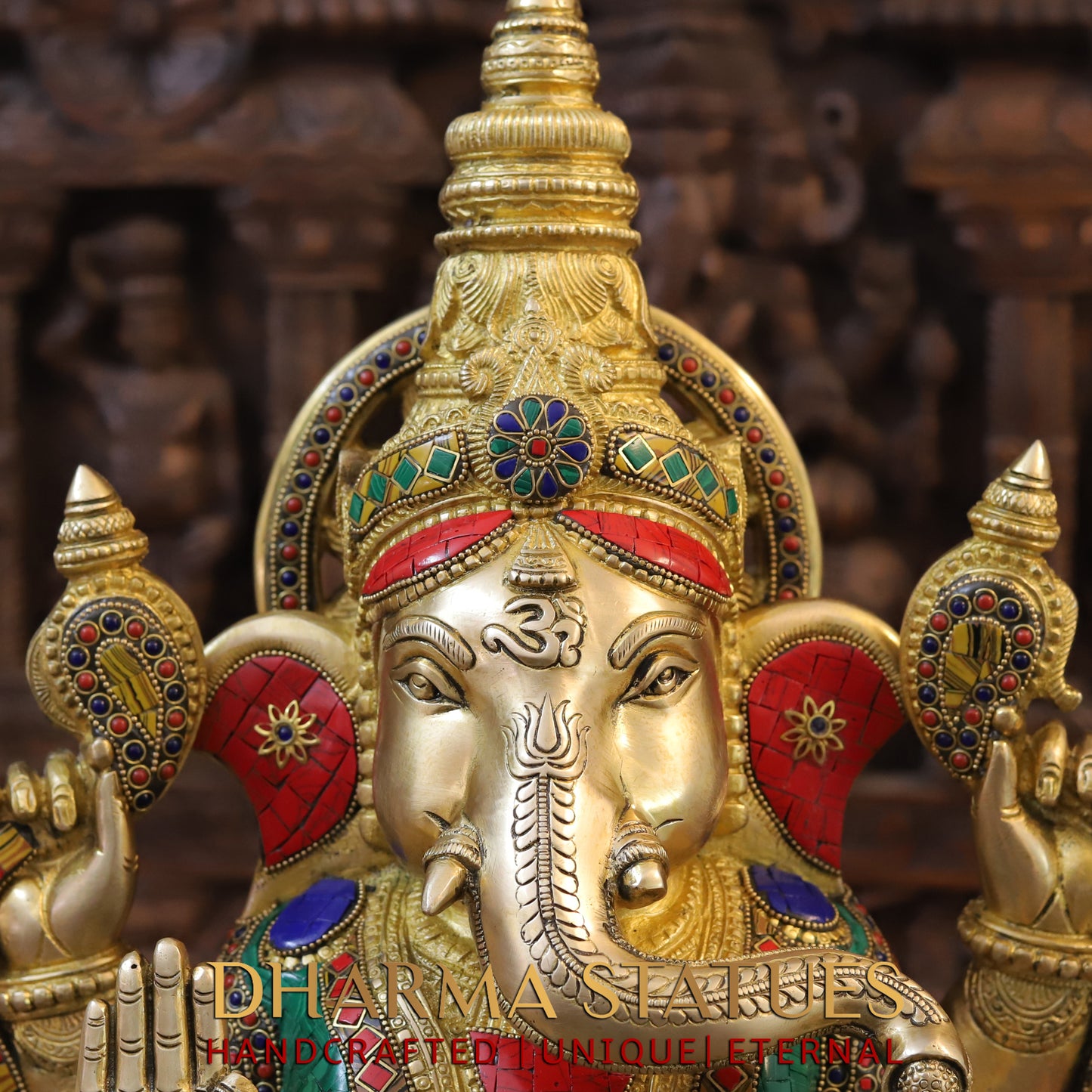 Brass Ganesh seated on Base, Blessing Position, Golden & Stonework, 20"
