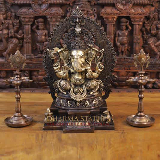 Brass Ganesh Idol, Seated on a Chowki, Copper and Golden Finish 19.5"