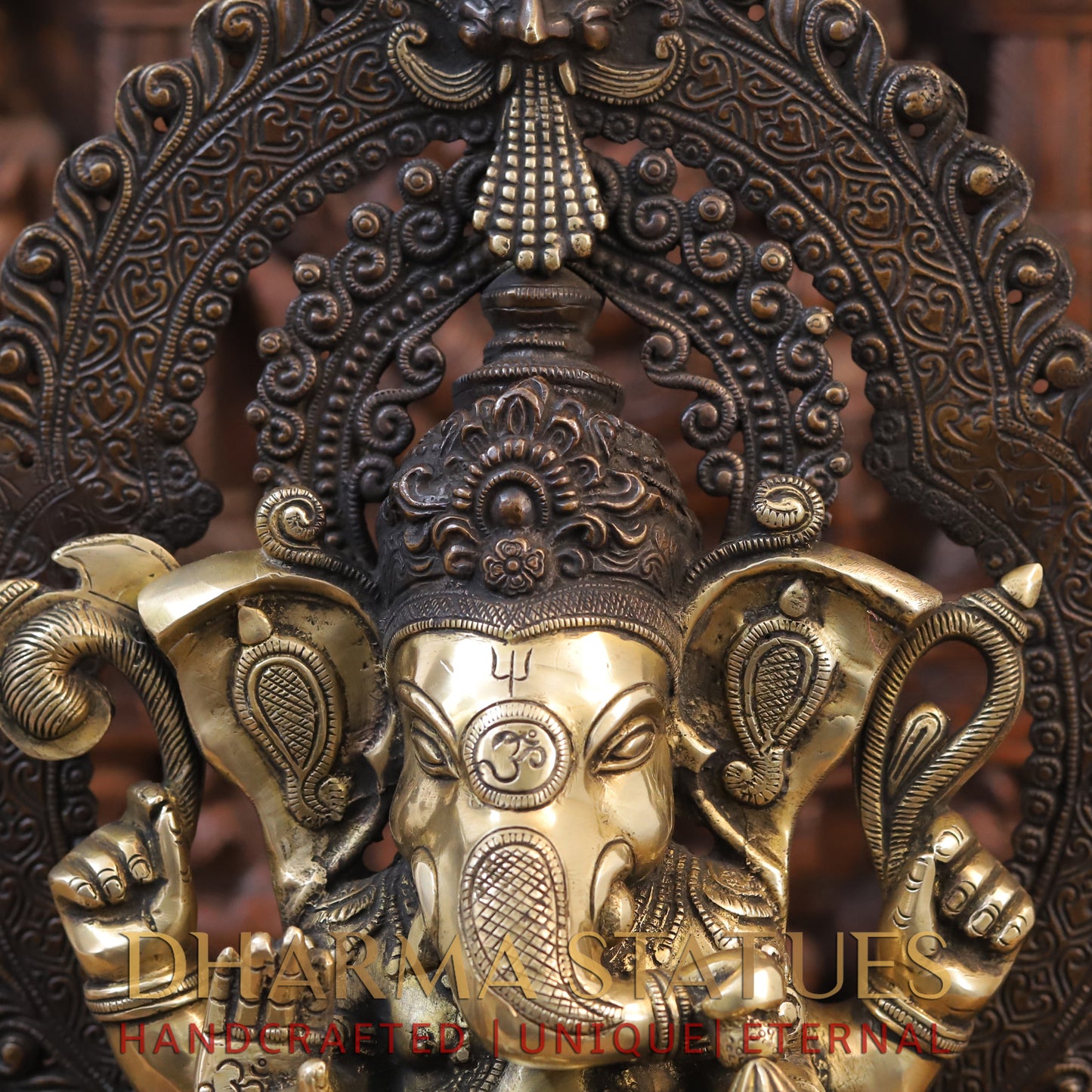 Brass Ganesh Idol, Seated on a Chowki, Copper and Golden Finish 19.5"