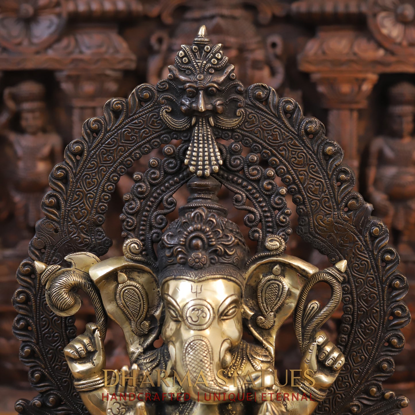Brass Ganesh Idol, Seated on a Chowki, Copper and Golden Finish 19.5"