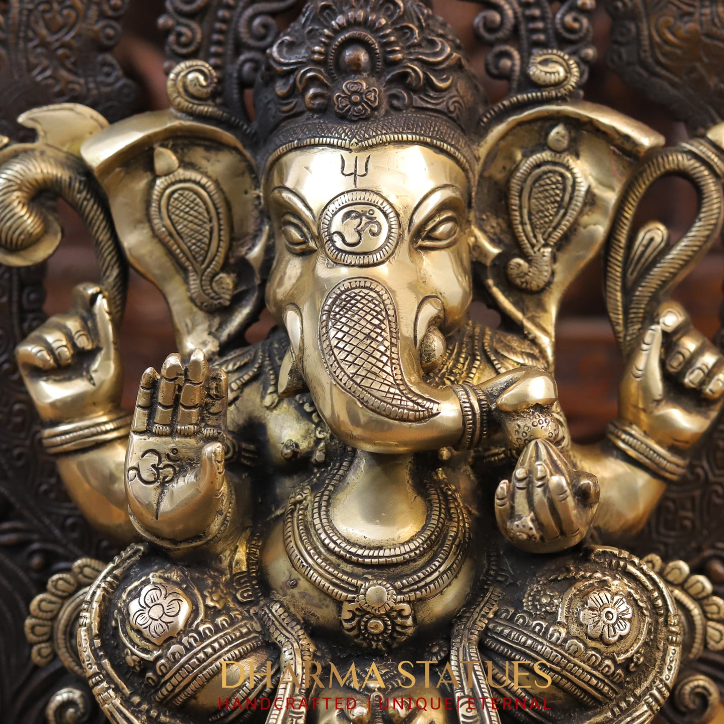 Brass Ganesh Idol, Seated on a Chowki, Copper and Golden Finish 19.5"