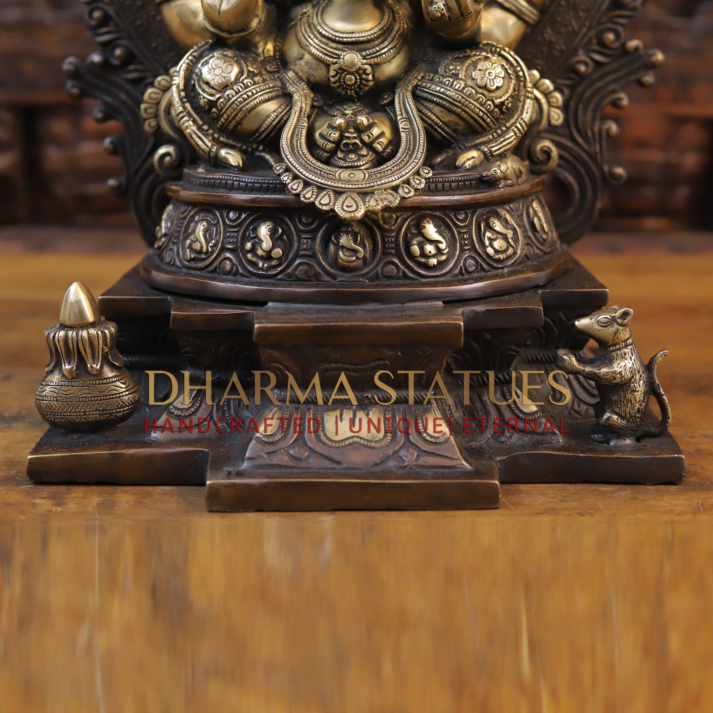 Brass Ganesh Idol, Seated on a Chowki, Copper and Golden Finish 19.5"