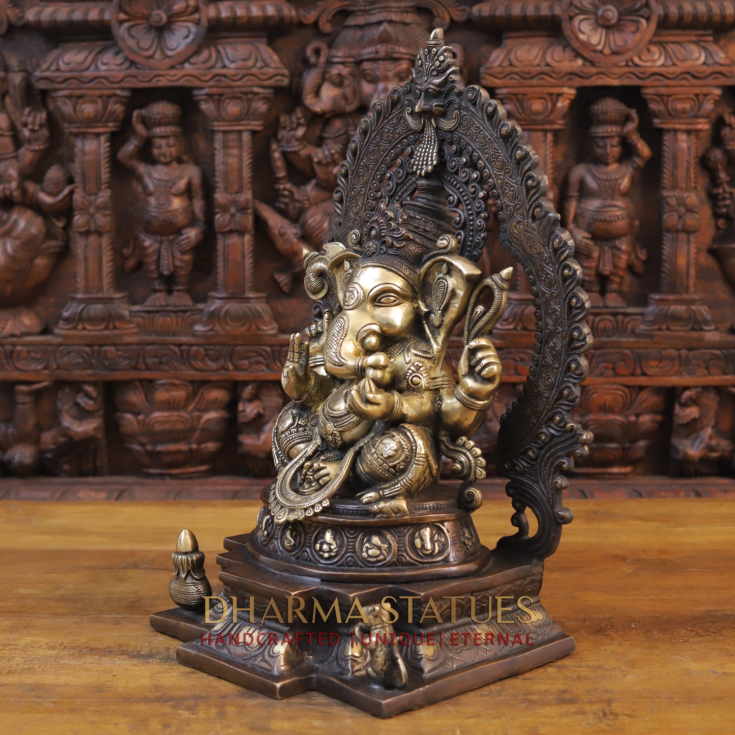 Brass Ganesh Idol, Seated on a Chowki, Copper and Golden Finish 19.5"