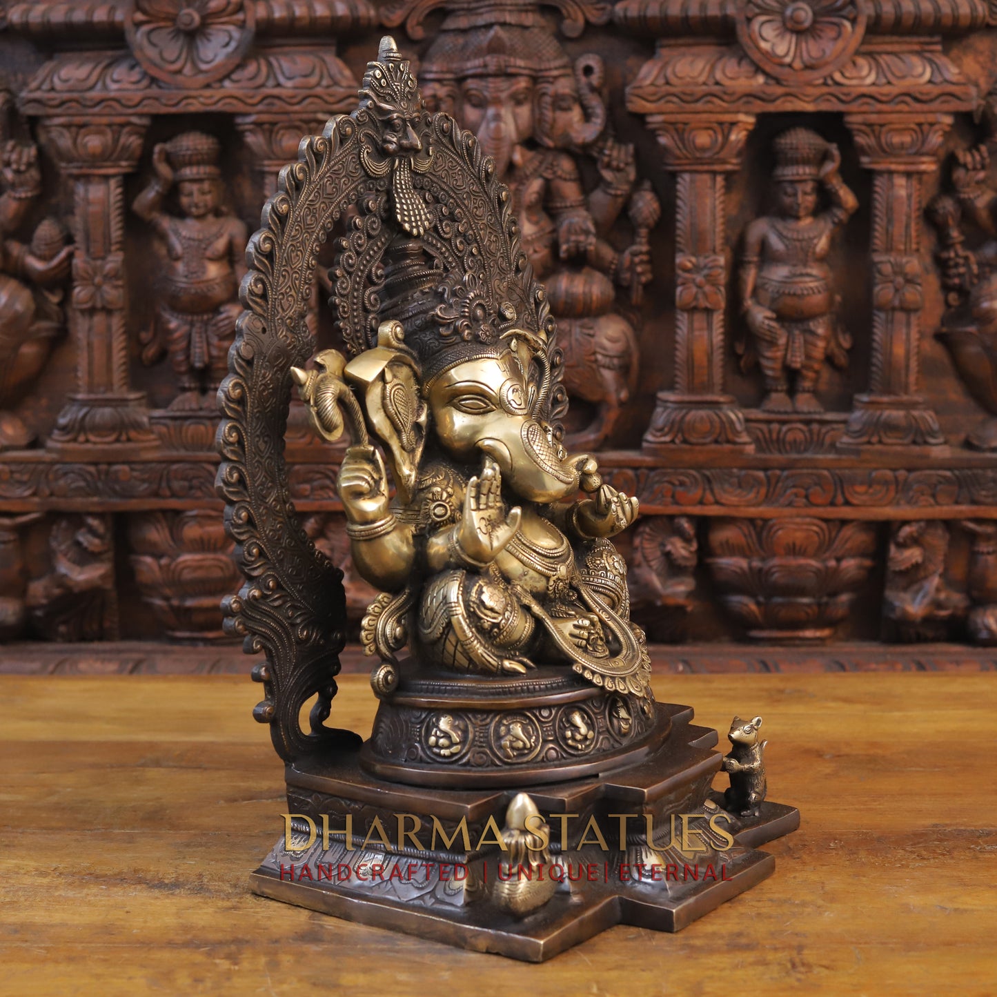 Brass Ganesh Idol, Seated on a Chowki, Copper and Golden Finish 19.5"