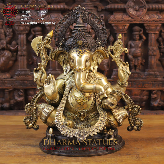 Brass Ganesh Statue, Fine Golden and Brown Finish 19.5"