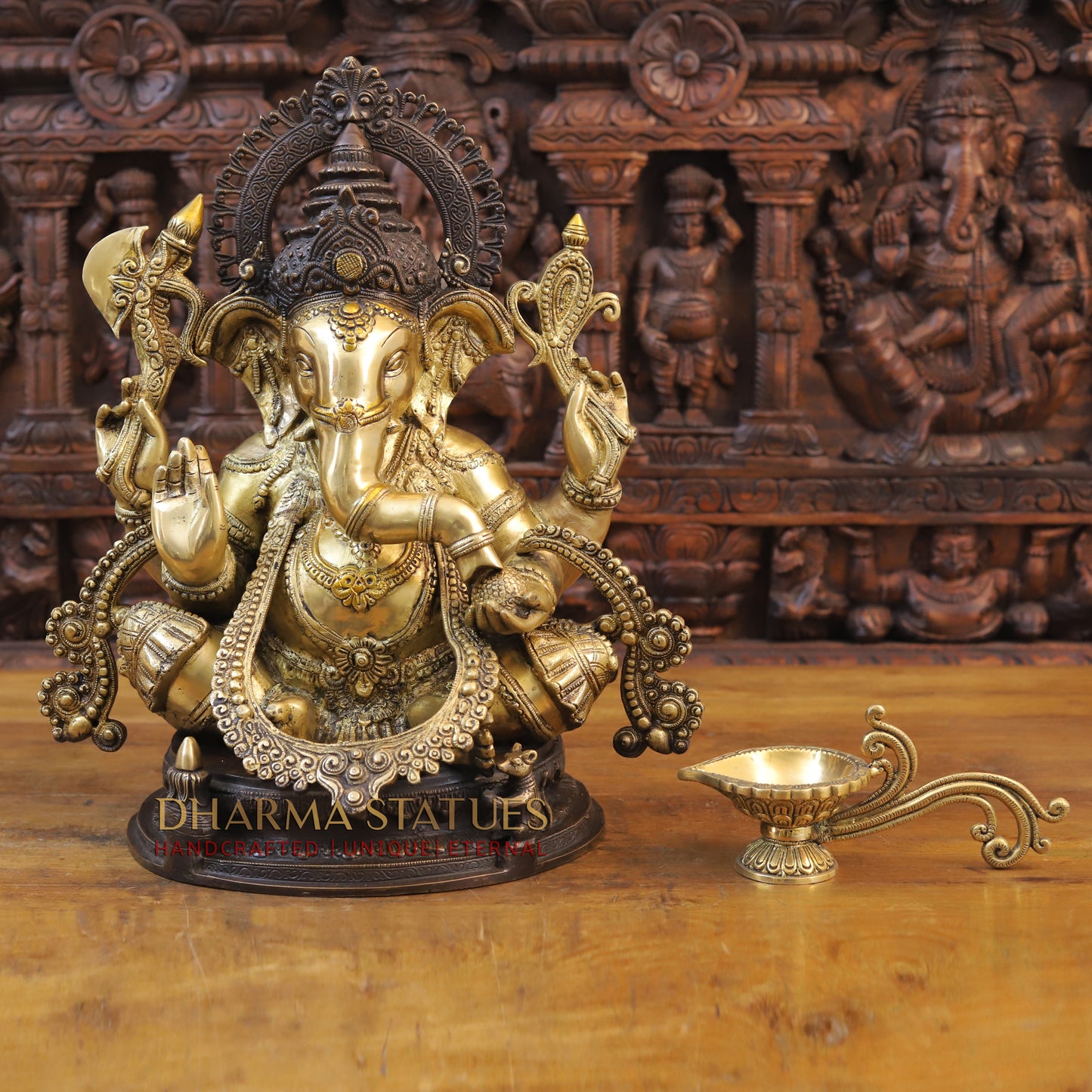 Brass Ganesh Statue, Fine Golden and Brown Finish 19.5"