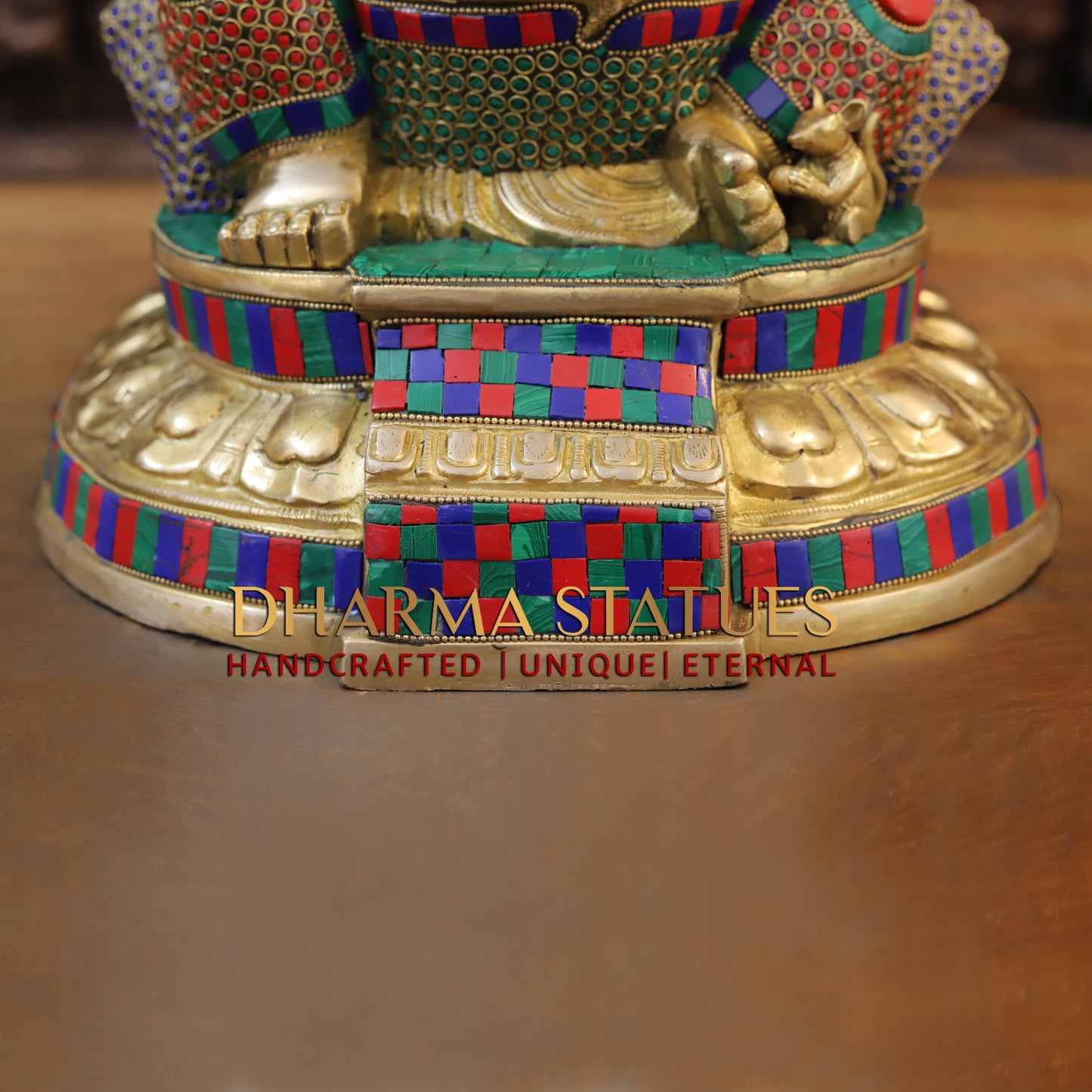 Brass Ganesh seated on Base, Golden & Stonework, 17"