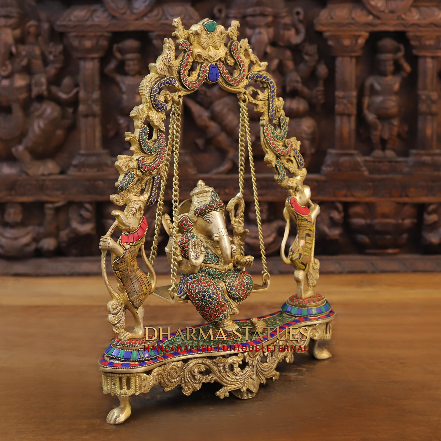 Brass Ganesh on Swing, Blessing Posture, Golden & Stonework, 18"