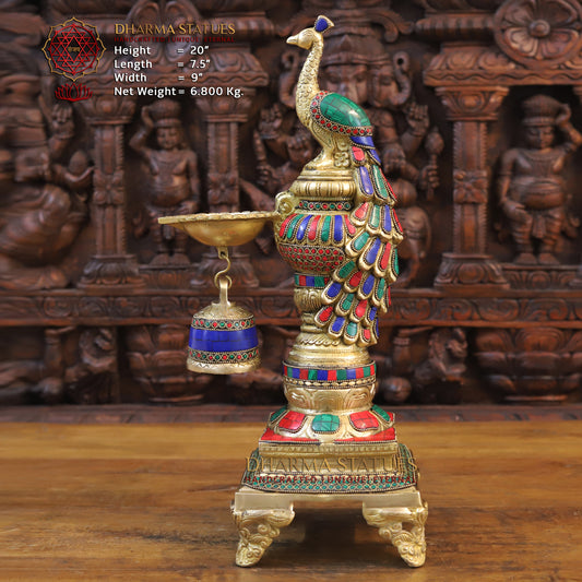 Brass Peacock Diya, Fine Stone and Golden Work 20"