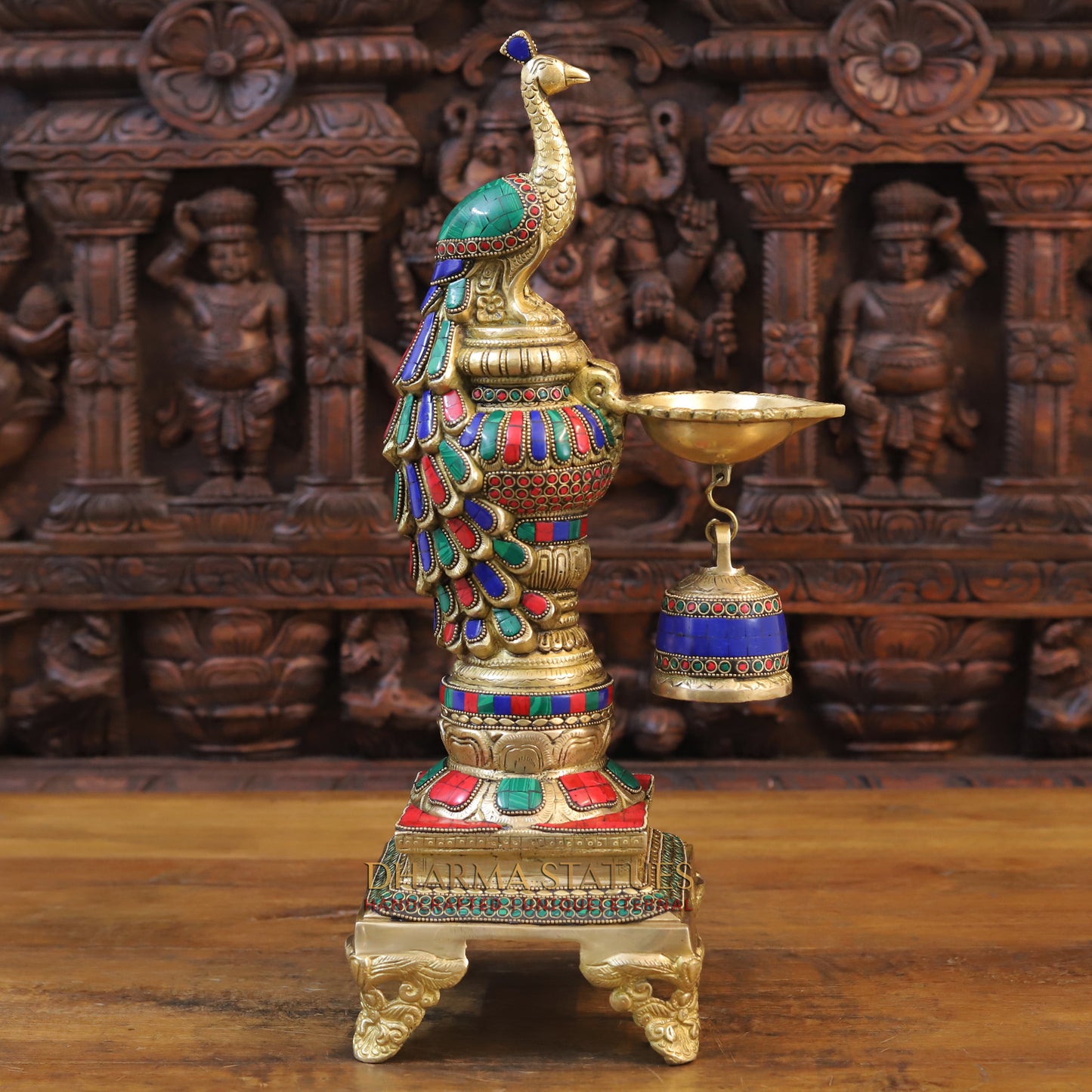 Brass Peacock Diya, Fine Stone and Golden Work 20"