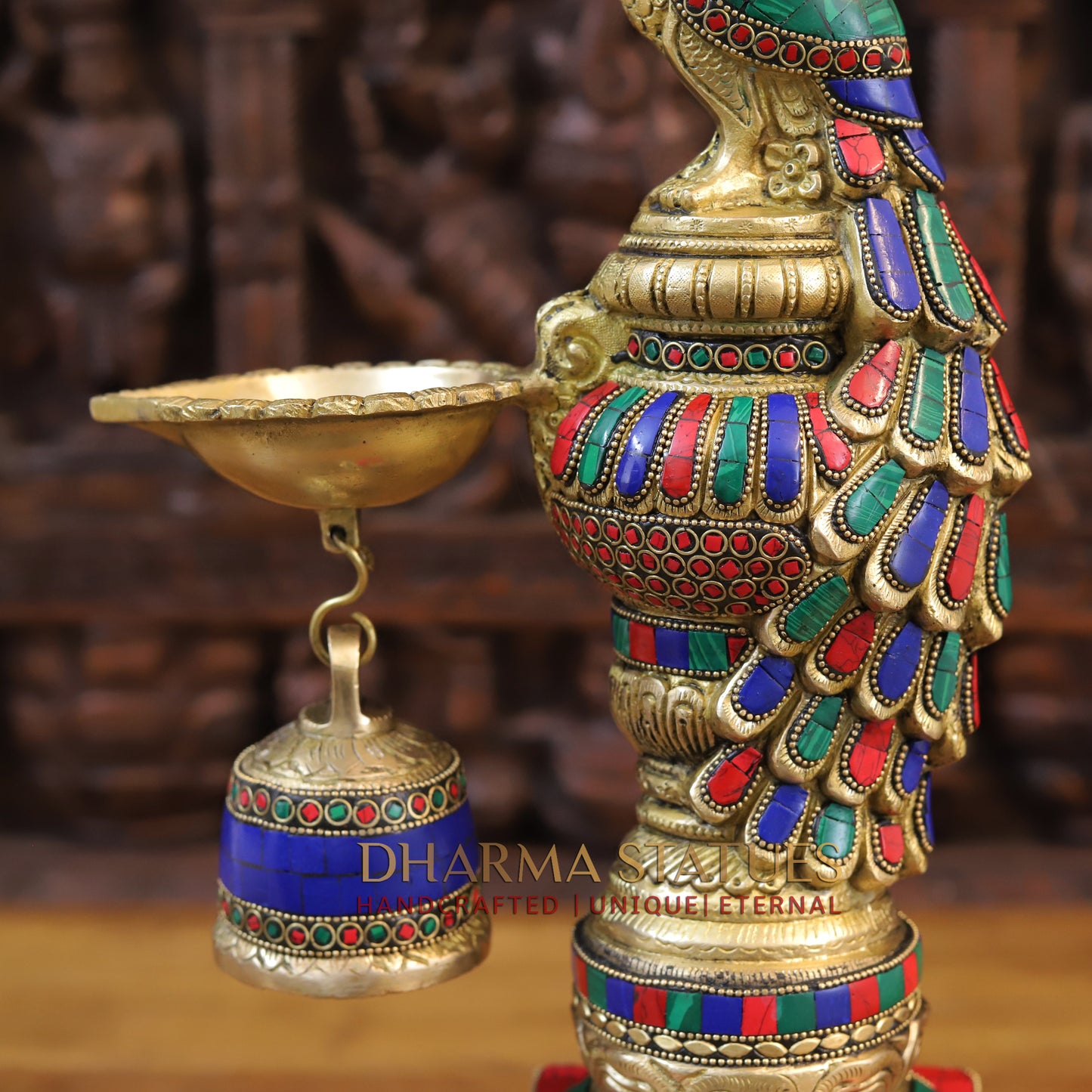 Brass Peacock Diya, Fine Stone and Golden Work 20"