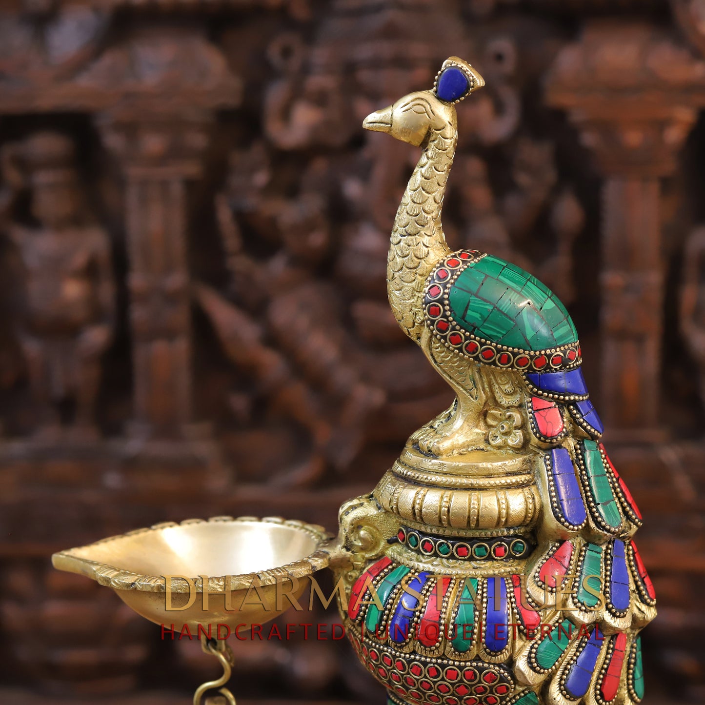 Brass Peacock Diya, Fine Stone and Golden Work 20"