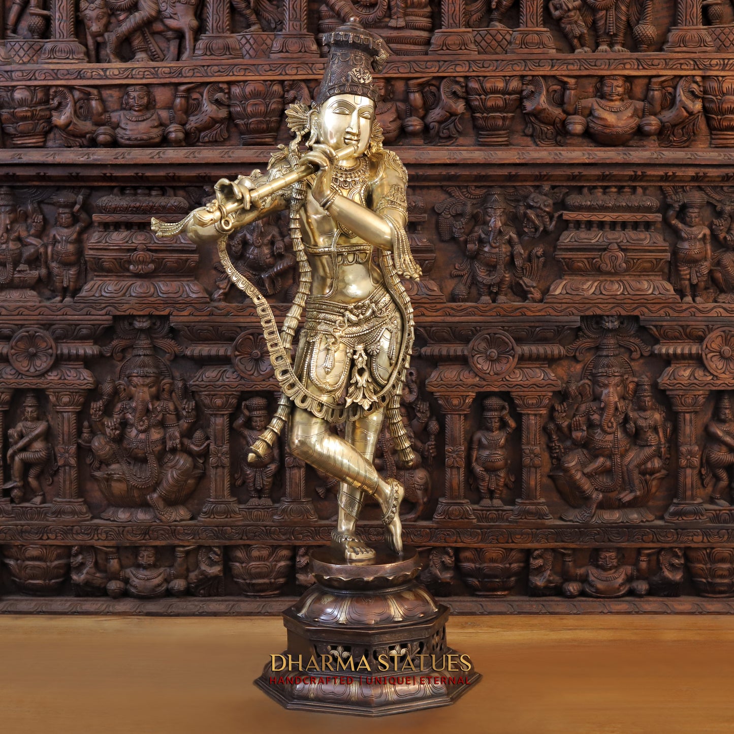 Brass Krishna playing Flute on Pedestal, Golden  & Copper Finish, 45"