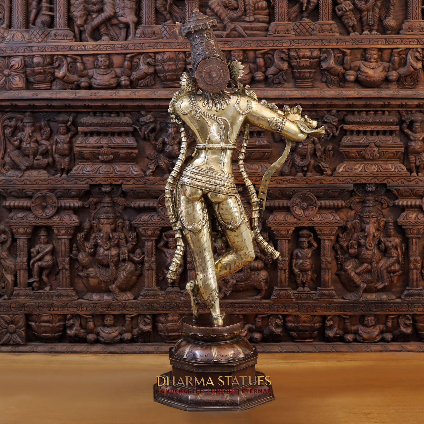 Brass Krishna playing Flute on Pedestal, Golden  & Copper Finish, 45"