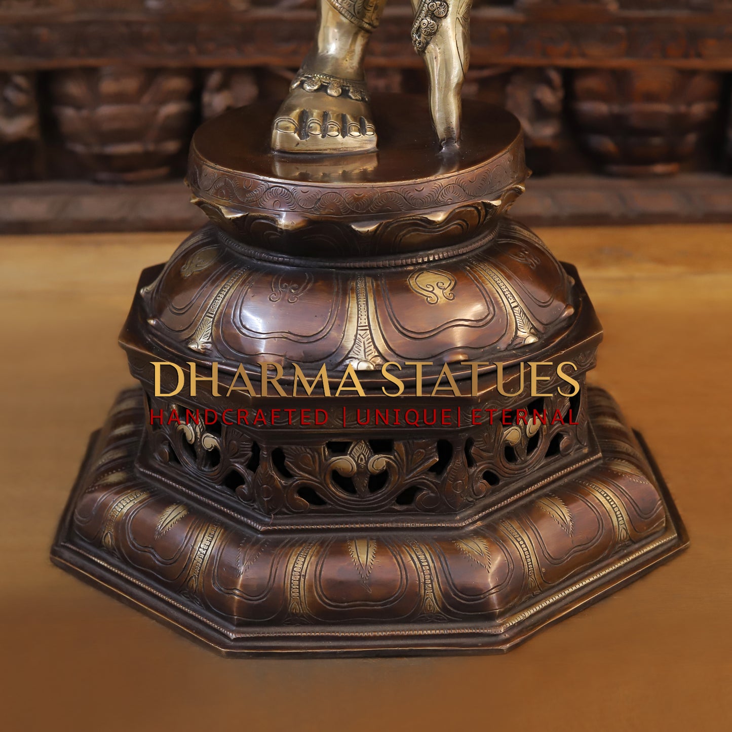 Brass Krishna playing Flute on Pedestal, Golden  & Copper Finish, 45"