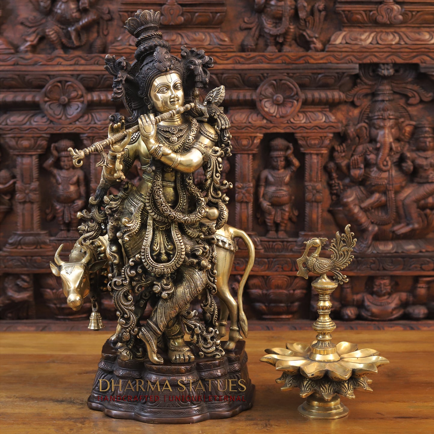 Brass Krishna Statue with cow, Fine Golden Finish 26"