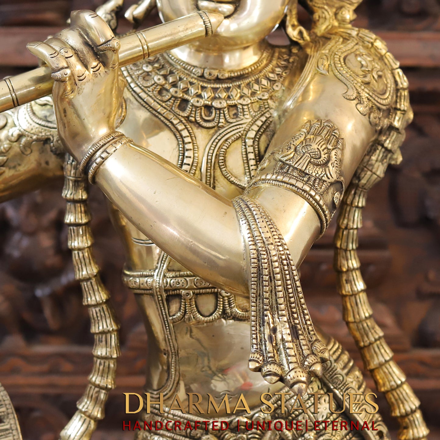 Brass Krishna playing Flute on Pedestal, Golden  & Copper Finish, 45"