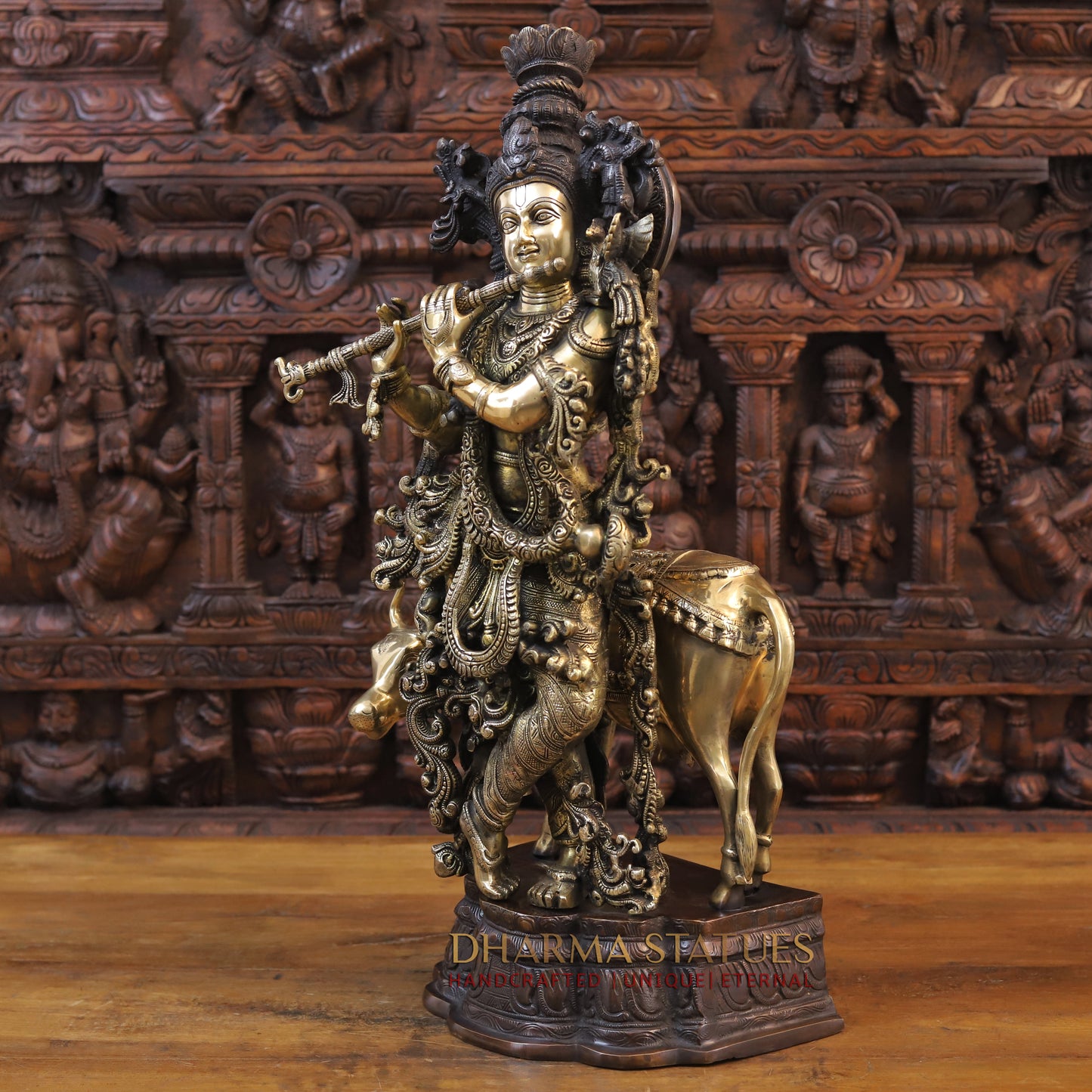 Brass Krishna Statue with cow, Fine Golden Finish 26"