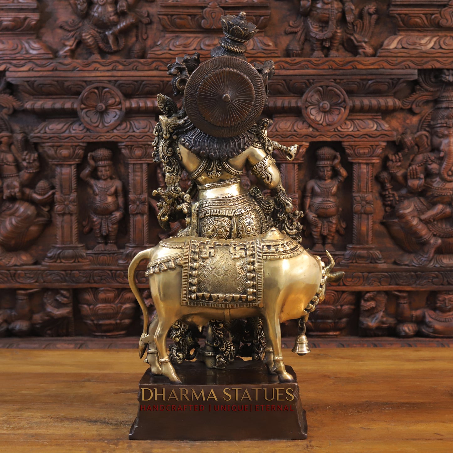 Brass Krishna Statue with cow, Fine Golden Finish 26"
