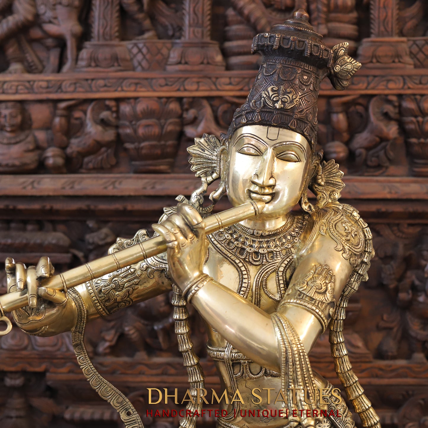 Brass Krishna playing Flute on Pedestal, Golden  & Copper Finish, 45"