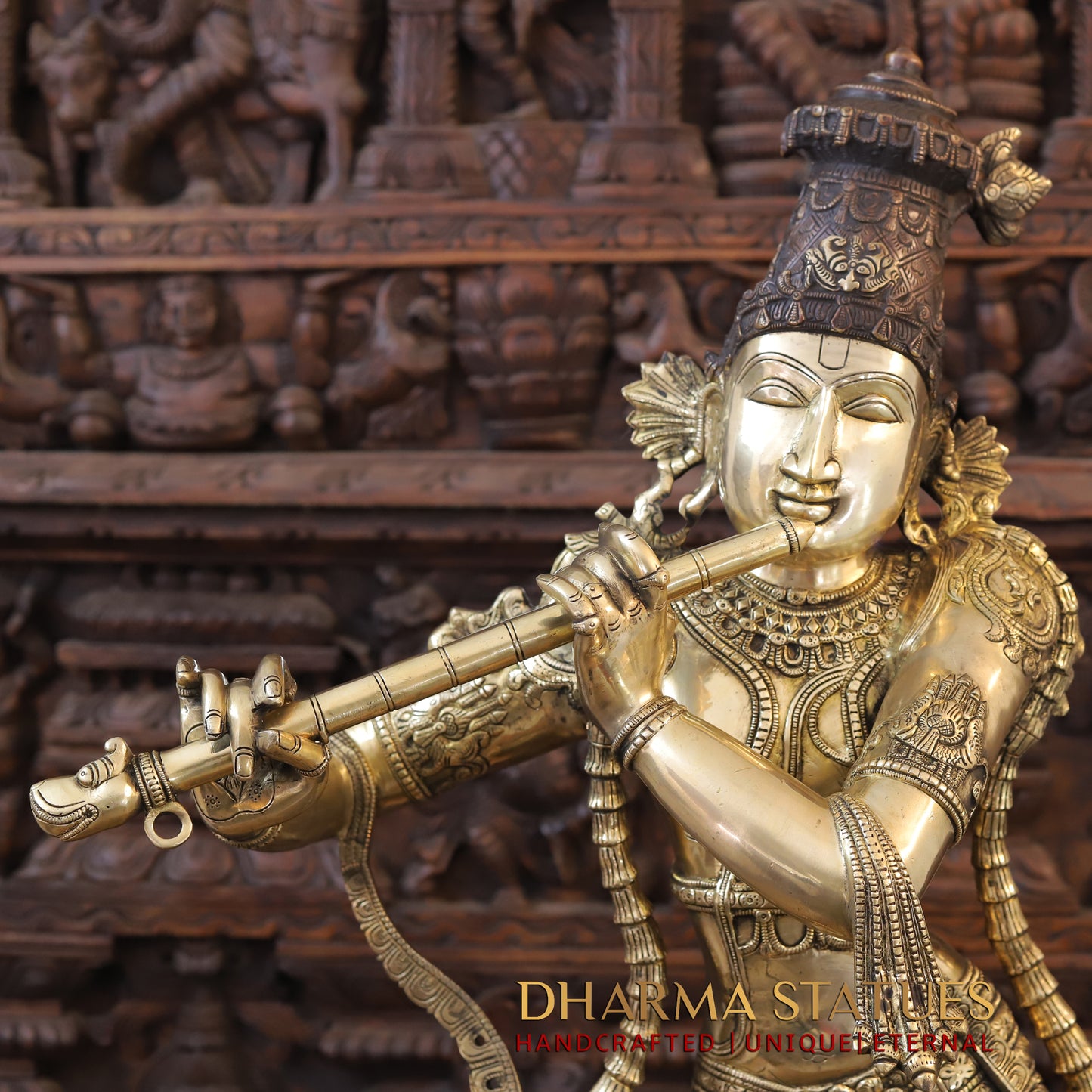 Brass Krishna playing Flute on Pedestal, Golden  & Copper Finish, 45"