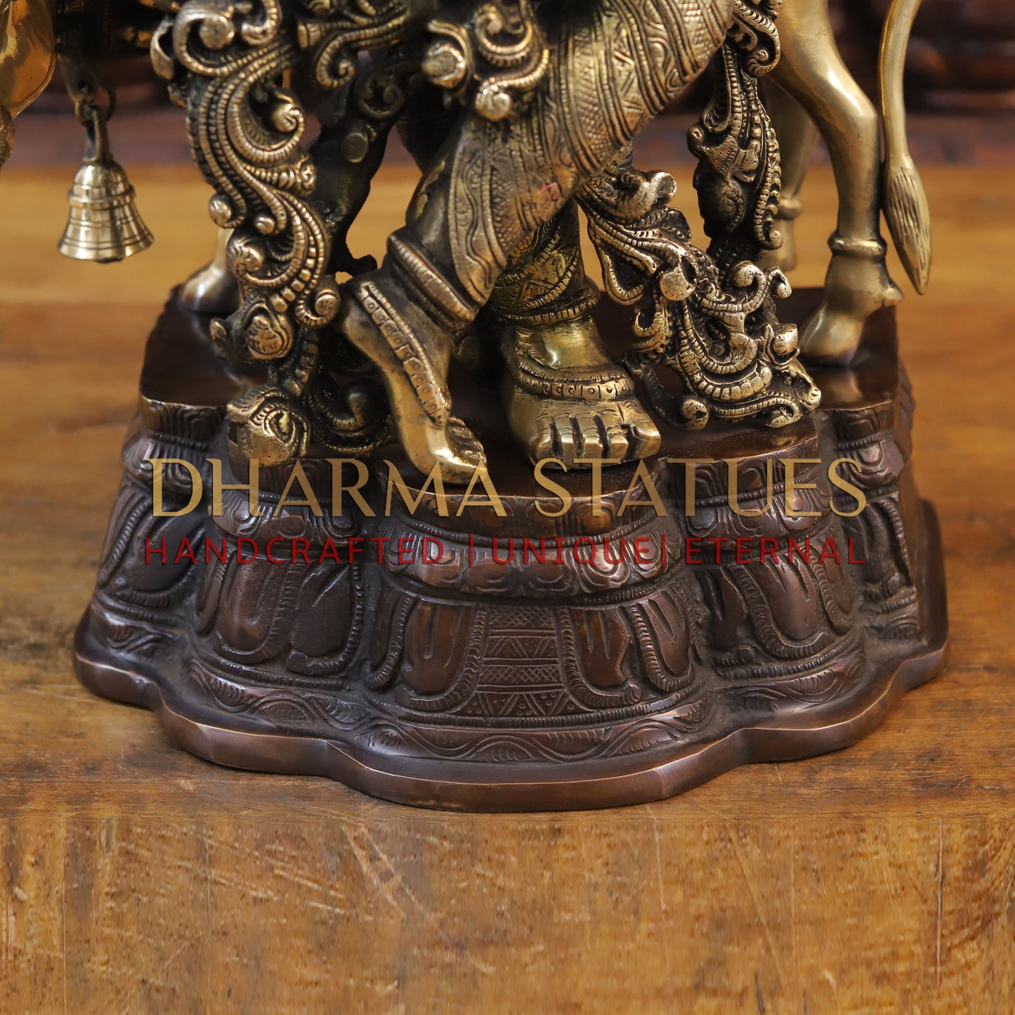 Brass Krishna Statue with cow, Fine Golden Finish 26"